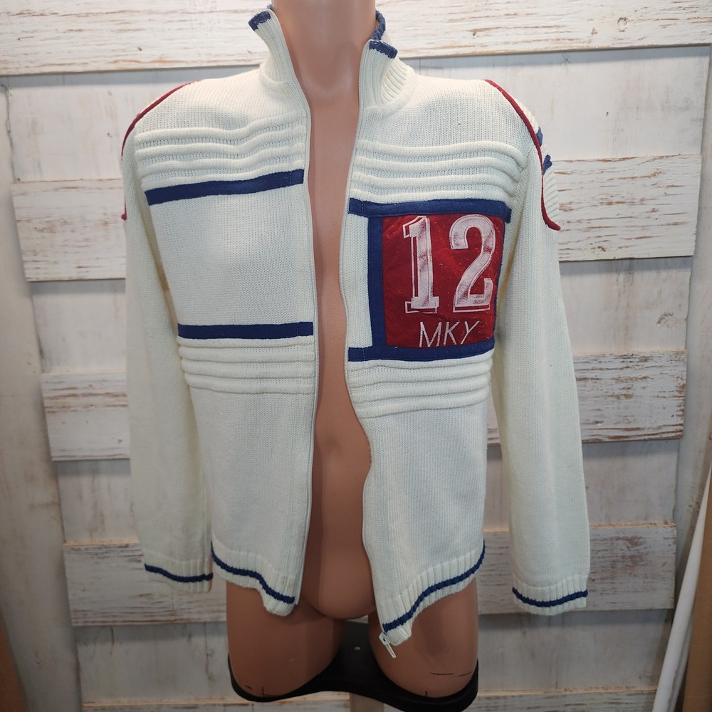 Vintage MKY 12 Full Zip Knit Sweater Cream Navy Red Sporty Cardigan Mens Medium